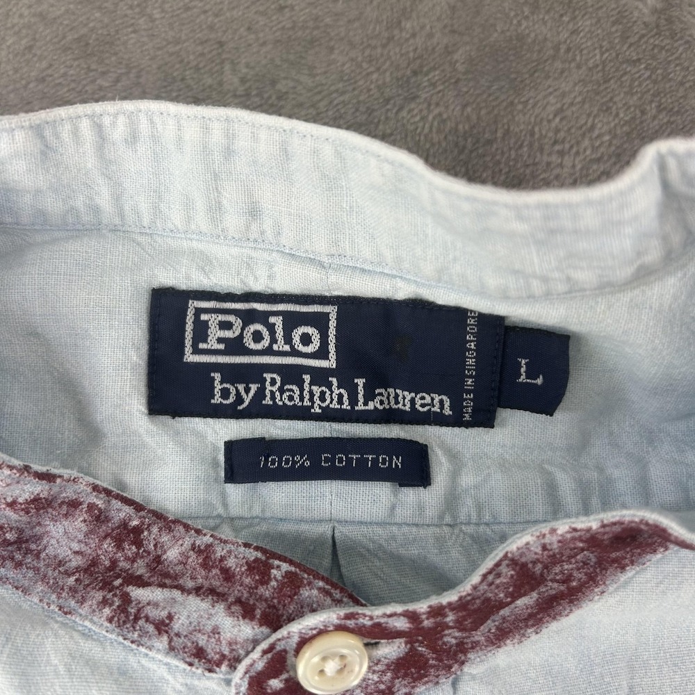 Polo Ralph Lauren Shirt Mens Large Blue Chambray Lizard Pocket Band Collar - Picture 10 of 16